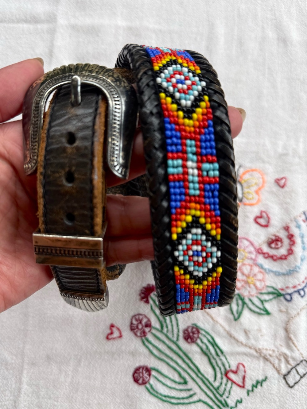 Vintage Southwestern Beaded Leather Belt| Hand-Beaded Tribal Pattern| 1991